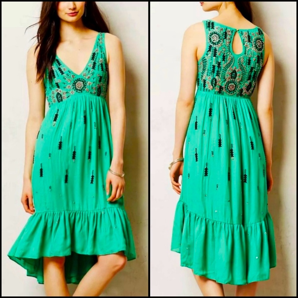 Anthro Floreat Embroidered Sequin High Low Ruffle Midi Dress